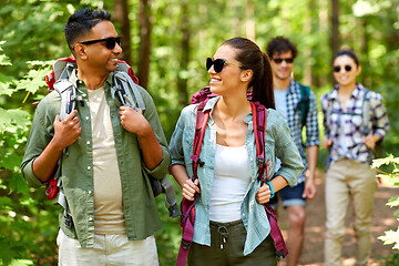 Image showing group of friends with backpacks hiking in forest