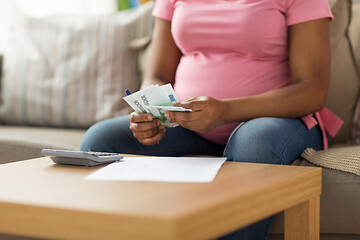 Image showing pregnant woman counting money at home