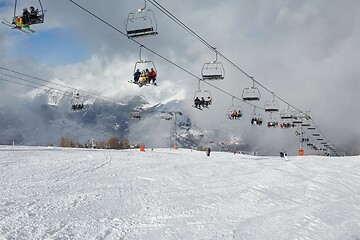 Image showing Skiing slopes, with many people