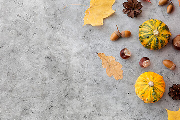 Image showing autumn leaves, chestnuts, acorns and pumpkins