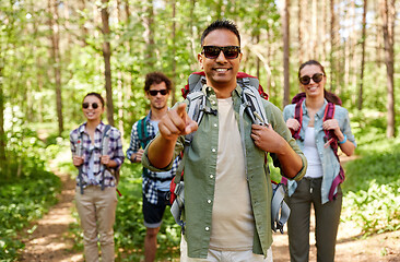 Image showing friends with backpacks on hike in forest