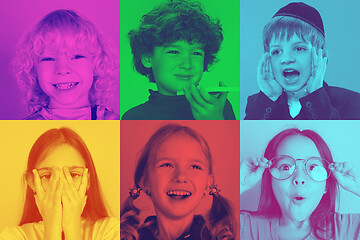 Image showing Collage of little boys and girls with bright facial expression on multicolored background. Trendy duotone effect.