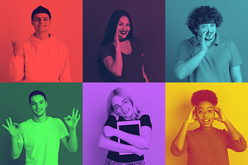 Image showing Collage of young people with bright facial expression on multicolored background. Trendy duotone effect