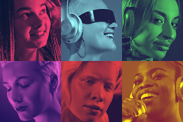 Image showing Collage of young people with bright facial expression on multicolored background. Trendy duotone effect