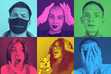 Image showing Collage of young people with bright facial expression on multicolored background. Trendy duotone effect