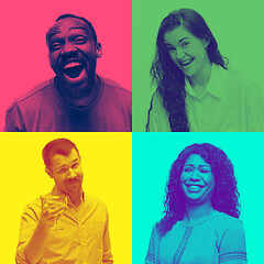 Image showing Collage of young people with bright facial expression on multicolored background. Trendy duotone effect. Popular meme