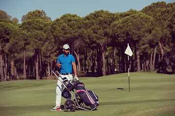 Image showing golf player walking with wheel bag