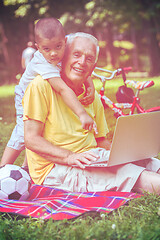 Image showing grandfather and child using laptop