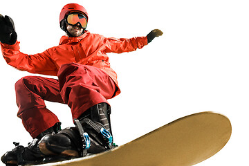 Image showing Portrait of young man in sportswear with snowboard isolated on a white background.