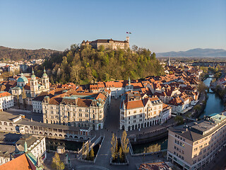 Image showing Aerial drone panoramic view of Ljubljana, capital of Slovenia in warm afternoon sun