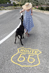 Image showing Young attractive woman wearing striped summer dress and straw hat standing on an endless straight empty road in the middle of nowhere on the Route 66 road and feeding black sheep.