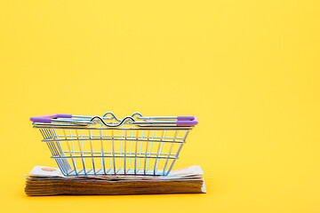 Image showing On the bundle of notes lies an empty grocery basket