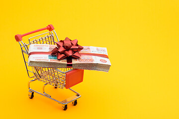 Image showing On the grocery cart is a bundle of money as a gift