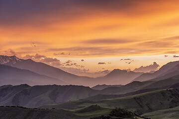 Image showing Sunset in smoky mountains,