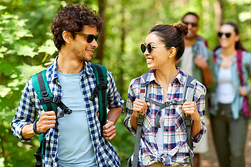 Image showing group of friends with backpacks hiking in forest