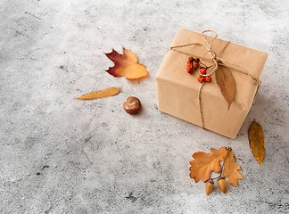 Image showing gift box, autumn leaves, acorns and rowanberry