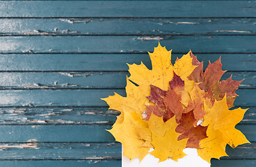 Image showing autumn maple leaves with envelope on old boards