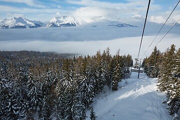 Image showing Ski resort in the mountains, ski lift ascend