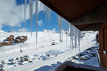 Image showing Icicles on the balcony, snowy winter view