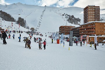 Image showing Skiing slopes, with many people