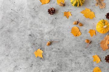 Image showing autumn leaves, chestnuts, acorns and pumpkins