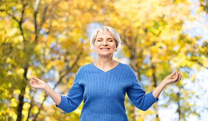 Image showing smiling senior woman chilling in autumn park