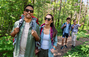 Image showing group of friends with backpacks hiking in forest