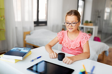 Image showing student girl using smart speaker at home