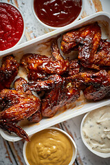 Image showing Chicken wings in thick barbecue sauce with various side dips. Served on white cast iron dish