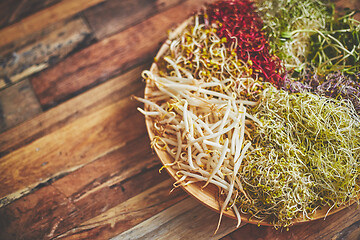 Image showing Vegetarian concept food. A set of different sprouted seeds for healthy eating on a wooden plate