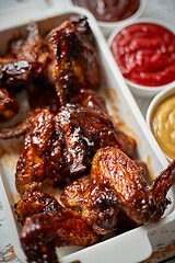 Image showing Chicken wings in thick barbecue sauce with various side dips. Served on white cast iron dish