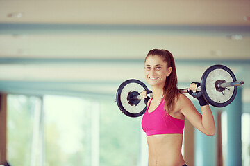 Image showing young woman in fitness gym lifting  weights