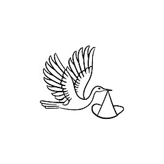 Image showing A stork carrying a wraped baby hand drawn outline doodle icon.