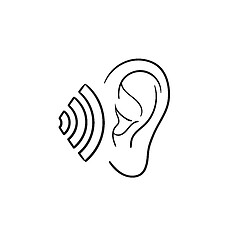 Image showing Human ear with sound waves hand drawn outline doodle icon.