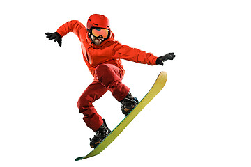 Image showing Portrait of young man in sportswear with snowboard isolated on a white background.