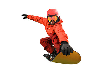 Image showing Portrait of young man in sportswear with snowboard isolated on a white background.