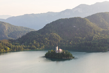 Image showing Lake Bled, island with a church and the alps in the background, Slovenia