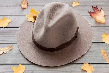 Image showing hat and fallen autumn leaves on gray wooden boards