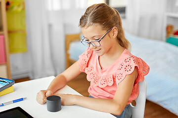 Image showing student girl using smart speaker at home