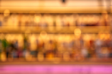 Image showing Blurred creative background of restaurant bar with pink desk space.