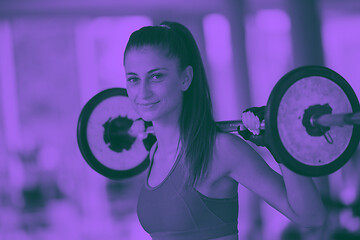 Image showing young woman in fitness gym lifting  weights