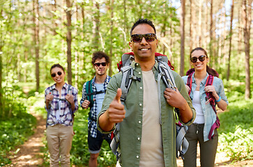 Image showing friends with backpacks showing thumbs up in forest