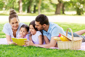 Image showing family reading book on picnic in summer park