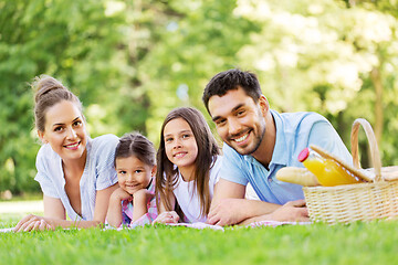 Image showing family laying on picnic blanket in summer park