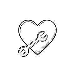 Image showing A heart symbol with a wrench hand drawn outline doodle icon.