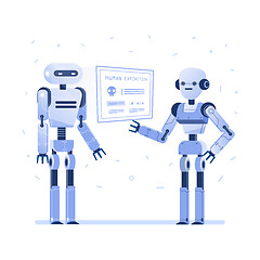 Image showing Two robots examine virtual hud interface.