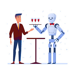 Image showing Robot waiter serves wine to a man