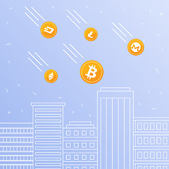 Image showing Cryptocurrency coins falling to the downtown skyscrapers.