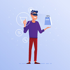 Image showing A caucasian man in VR headset doing online shopping.