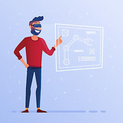 Image showing A man in VR headset with hud interface showing technological blueprint with robotic arm